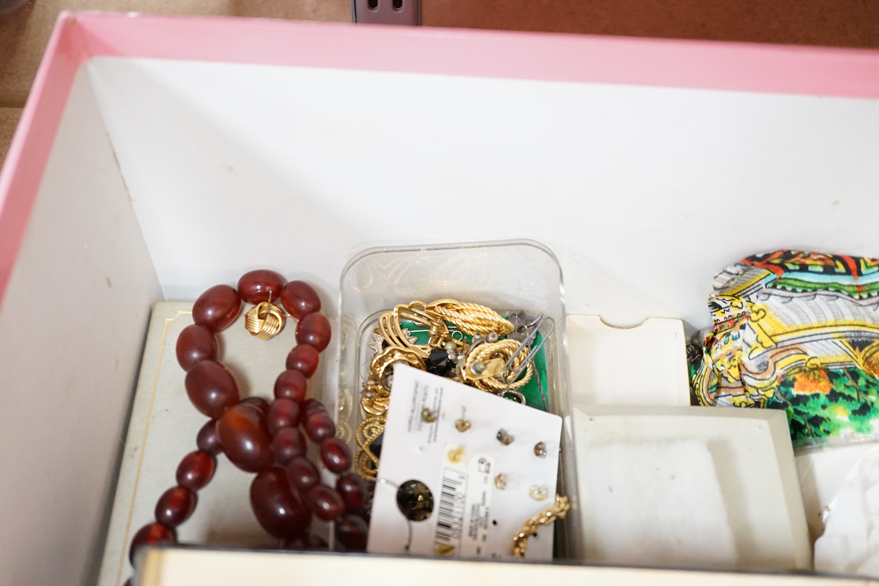 A quantity of assorted mainly costume jewellery, etc, including a pair of 9ct and coral set drop earrings and a sterling and Scottish hardstone set dirk brooch.